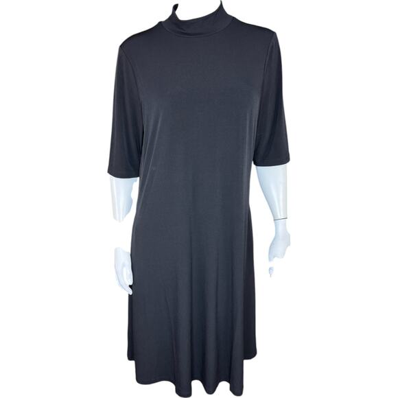 Susan Graver Liquid Knit Mock-Neck Elbow-Sleeve Dress Black Medium NWOT Flowy - Picture 1 of 11